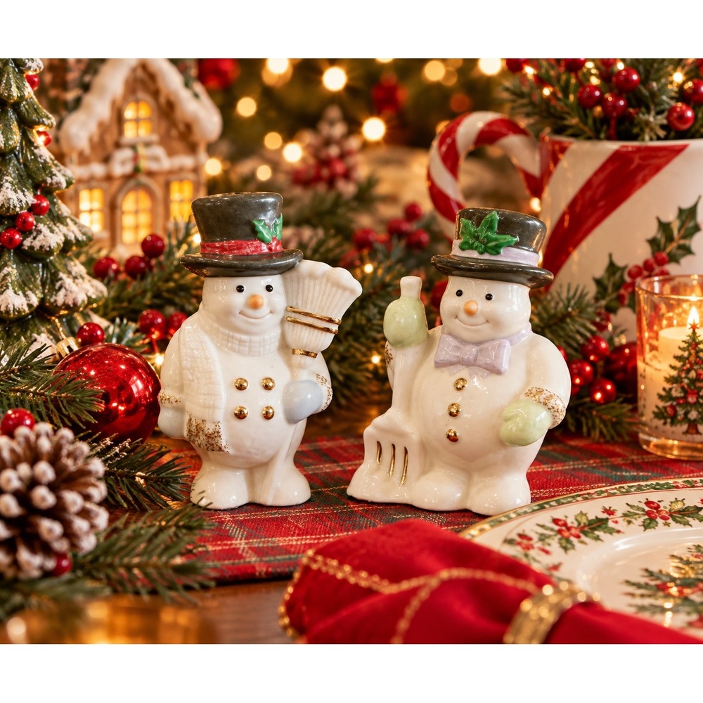 Lenox Happy Holly Days Snowmen Salt & Pepper Shaker Set Porcelain Christmascore